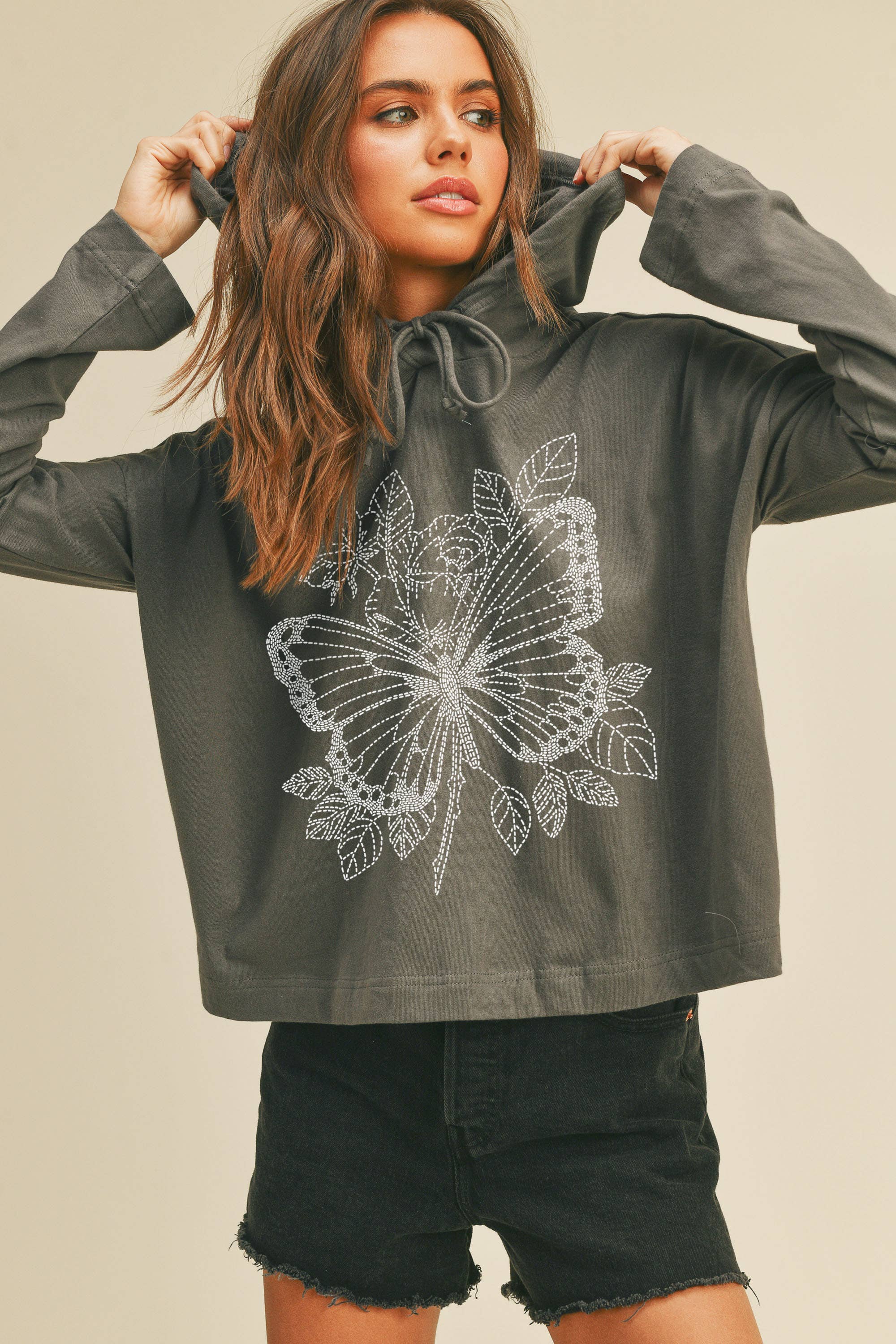 Butterfly & Flower Graphic Hooded Tee: CHARCOAL GREY