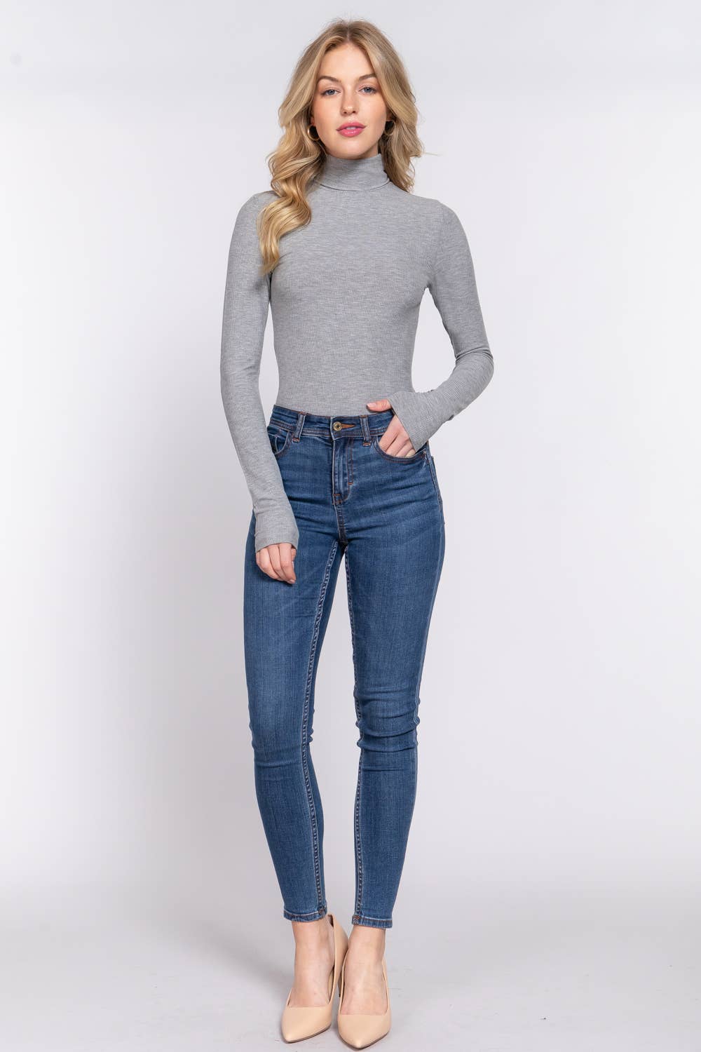 Bridget Grey Long Sleeve Turtle Neck Ribbed Bodysuit