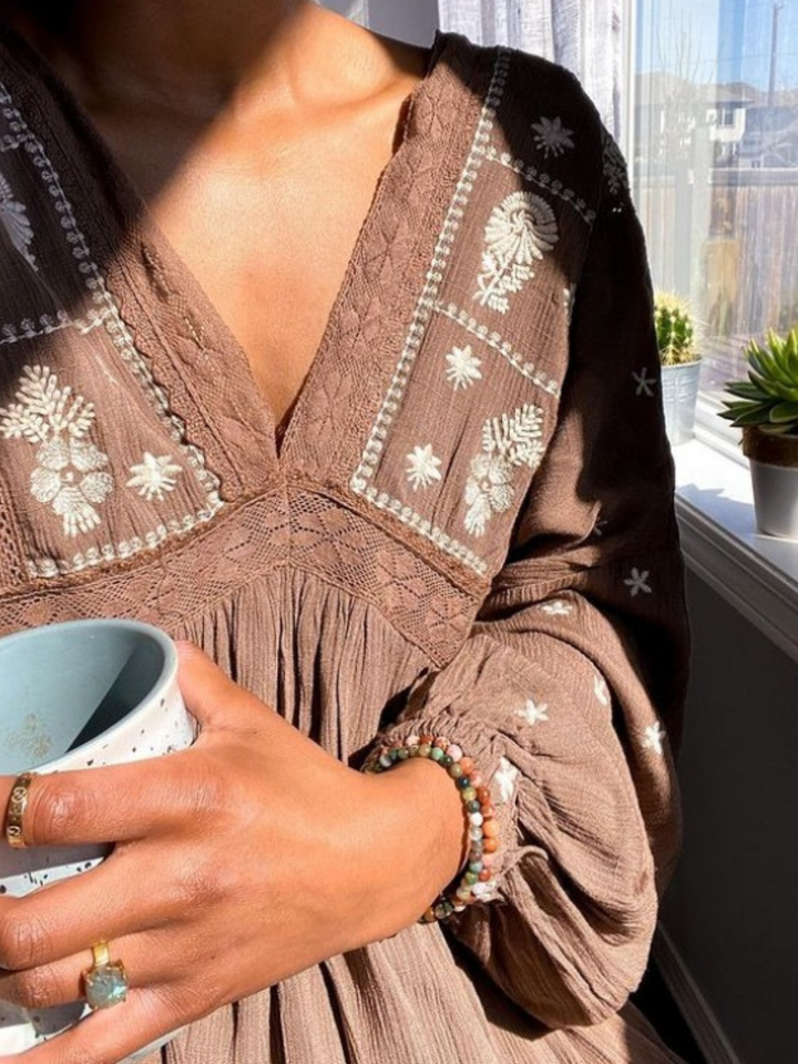 Kyra Embroidered Dress in Mocha