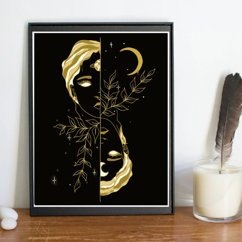 Dream Black | Floral Celestial Women Moon Art Print